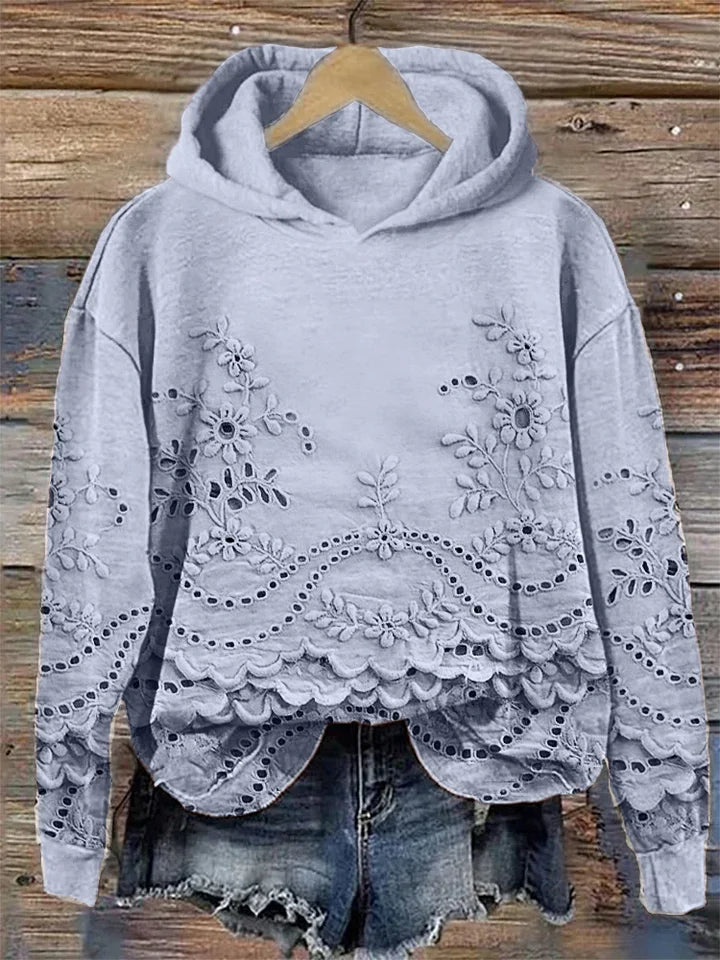 Women's Hoodie | Floral Embroidery, Scalloped Hem