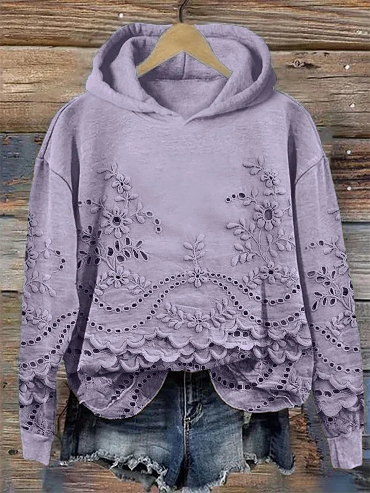 Women's Hoodie | Floral Embroidery, Scalloped Hem