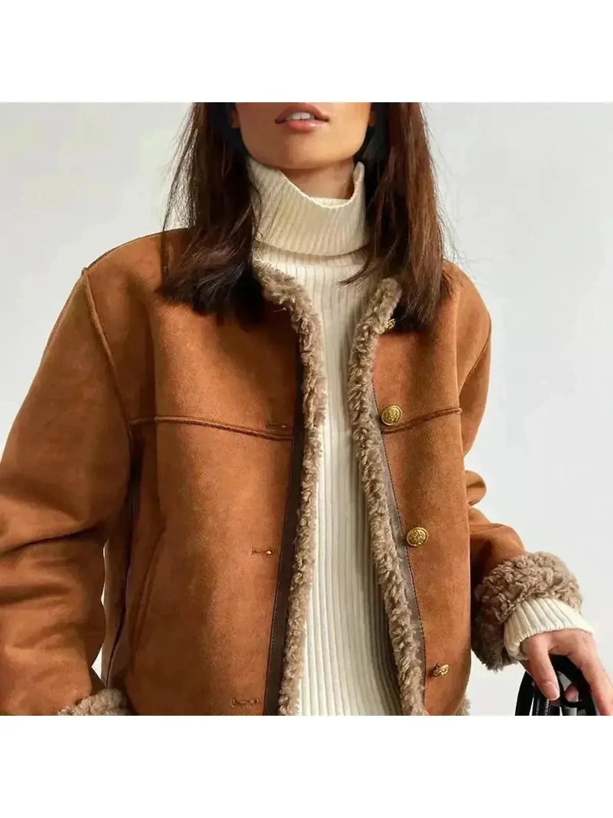 Women's Jacket | Curly Pile Trim, Gold-Tone Buttons