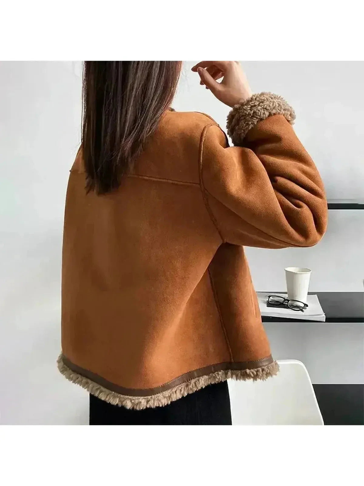 Women's Jacket | Curly Pile Trim, Gold-Tone Buttons
