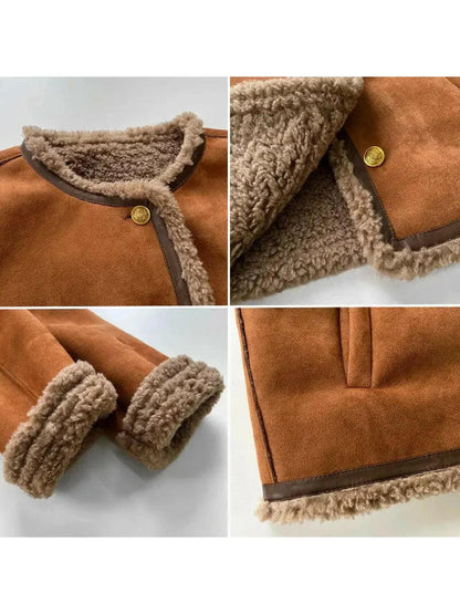 Women's Jacket | Curly Pile Trim, Gold-Tone Buttons