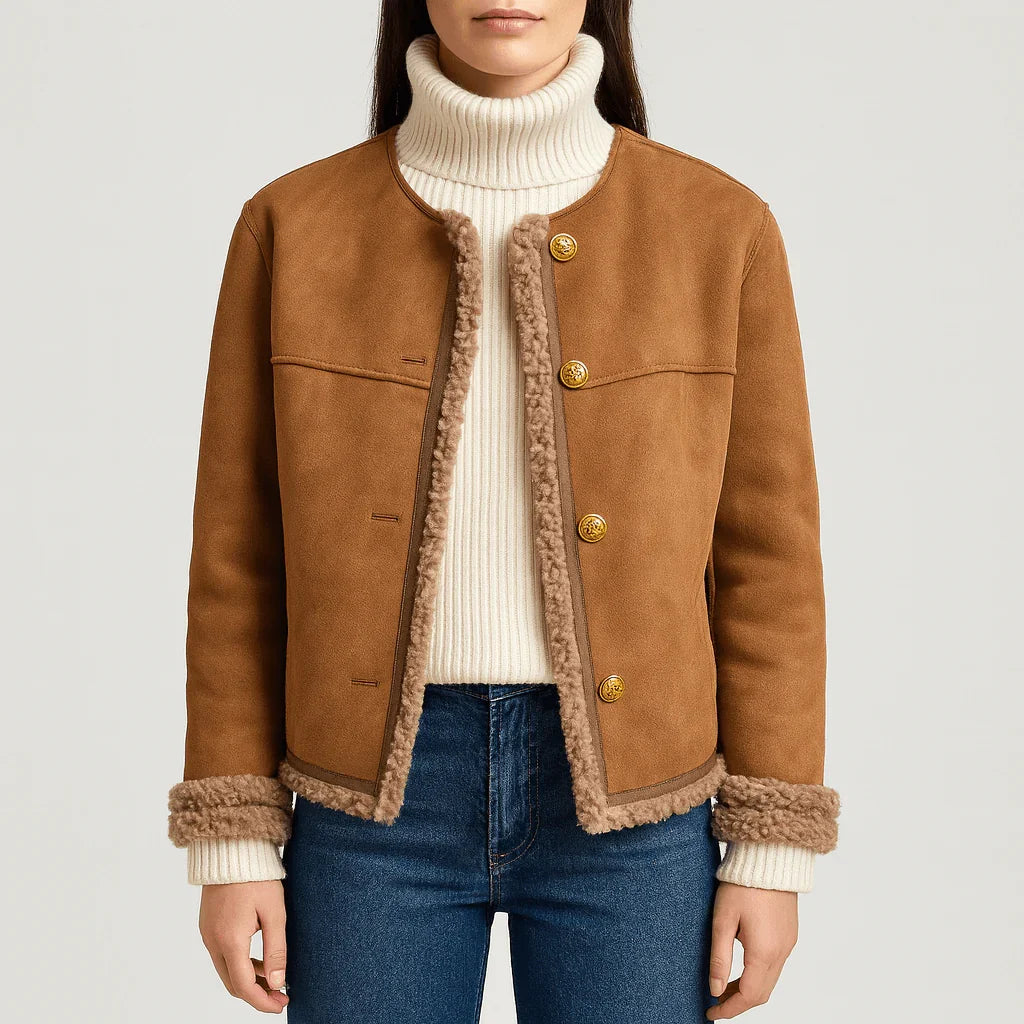 Women's Jacket | Curly Pile Trim, Gold-Tone Buttons