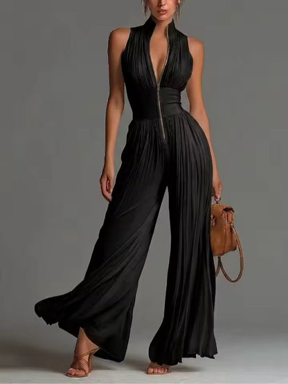 Women's Jumpsuit | Pleated Wide Leg & Deep V-Neck