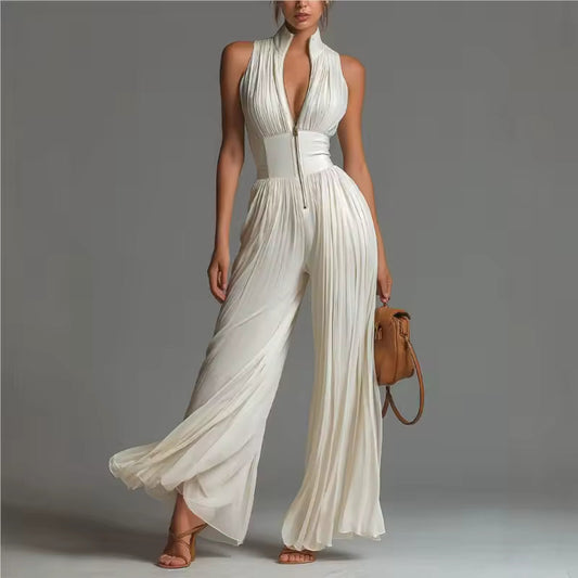 Women's Jumpsuit | Pleated Wide Leg & Deep V-Neck