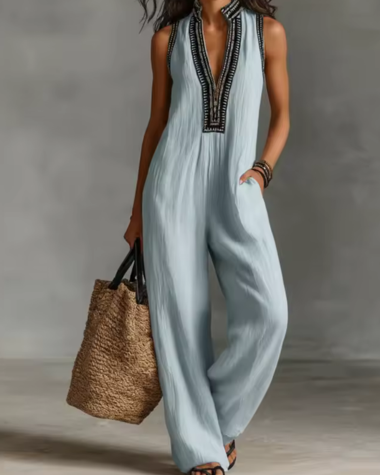 Women's Jumpsuit | Sleeveless Embroidered & Wide Leg
