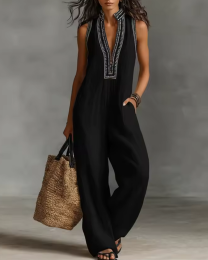 Women's Jumpsuit | Sleeveless Embroidered & Wide Leg