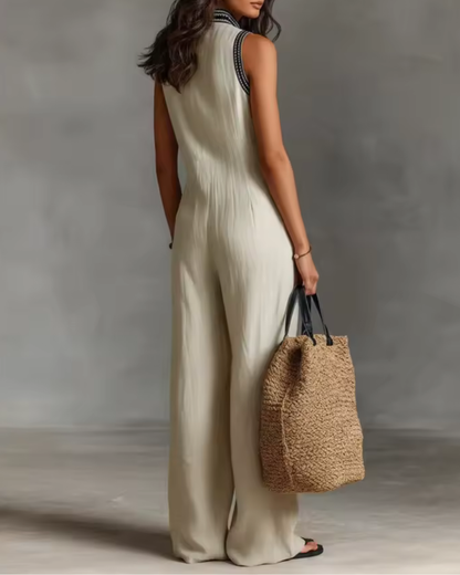 Women's Jumpsuit | Sleeveless Embroidered & Wide Leg
