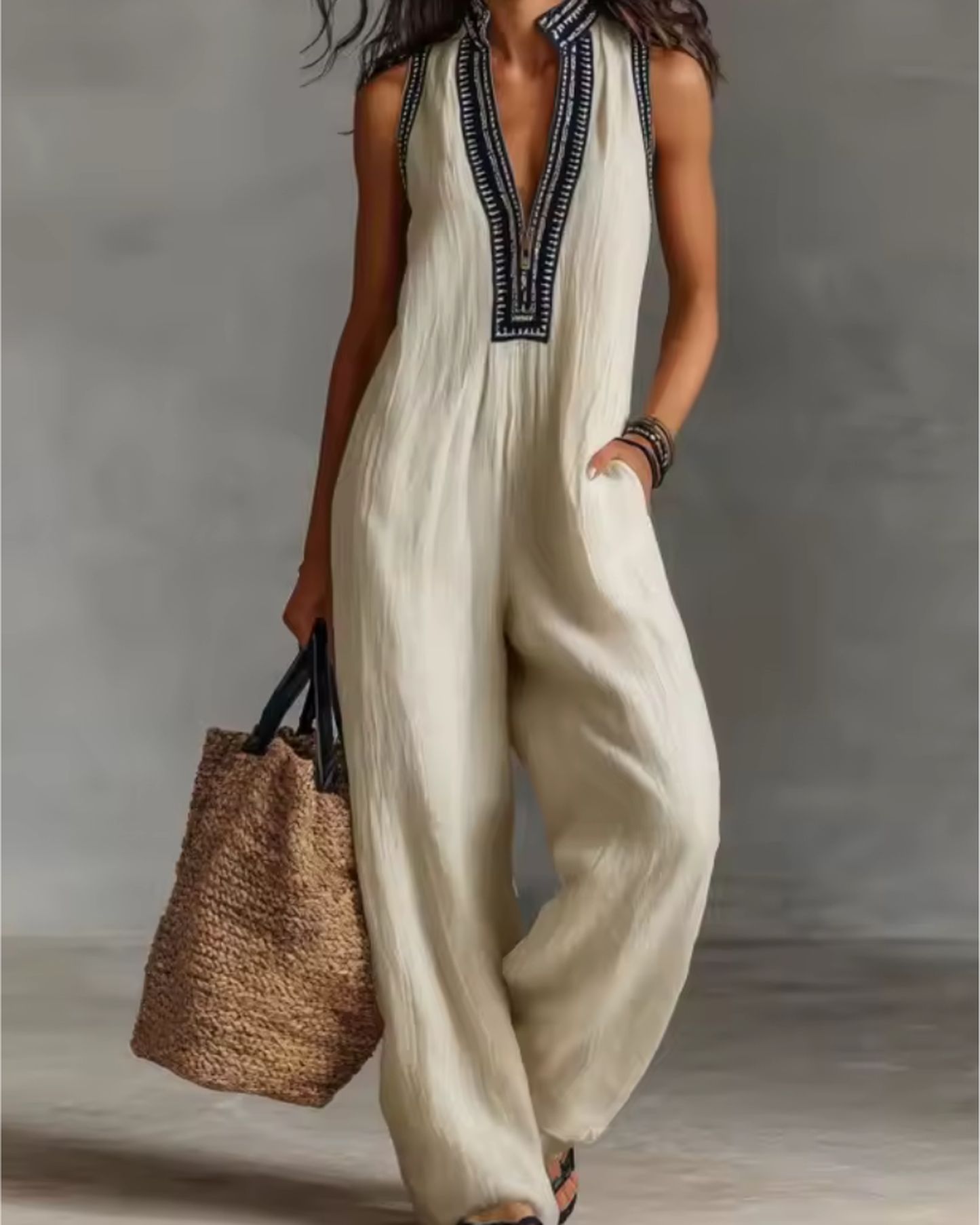 Women's Jumpsuit | Sleeveless Embroidered & Wide Leg