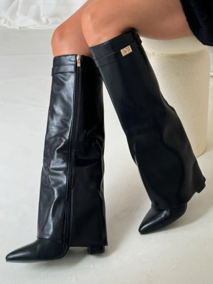 Women's Knee High Boots | Block Heel & Buckle Detail