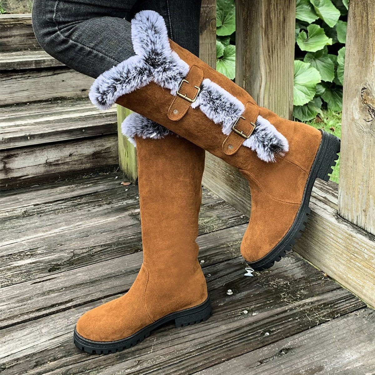 Women's Knee High Boots | Fur Trim & Buckle Straps