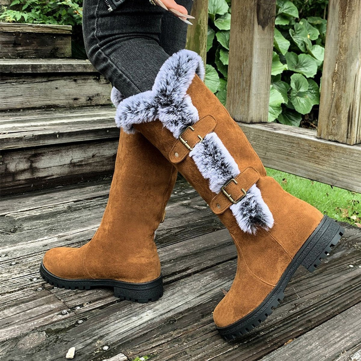 Women's Knee High Boots | Fur Trim & Buckle Straps