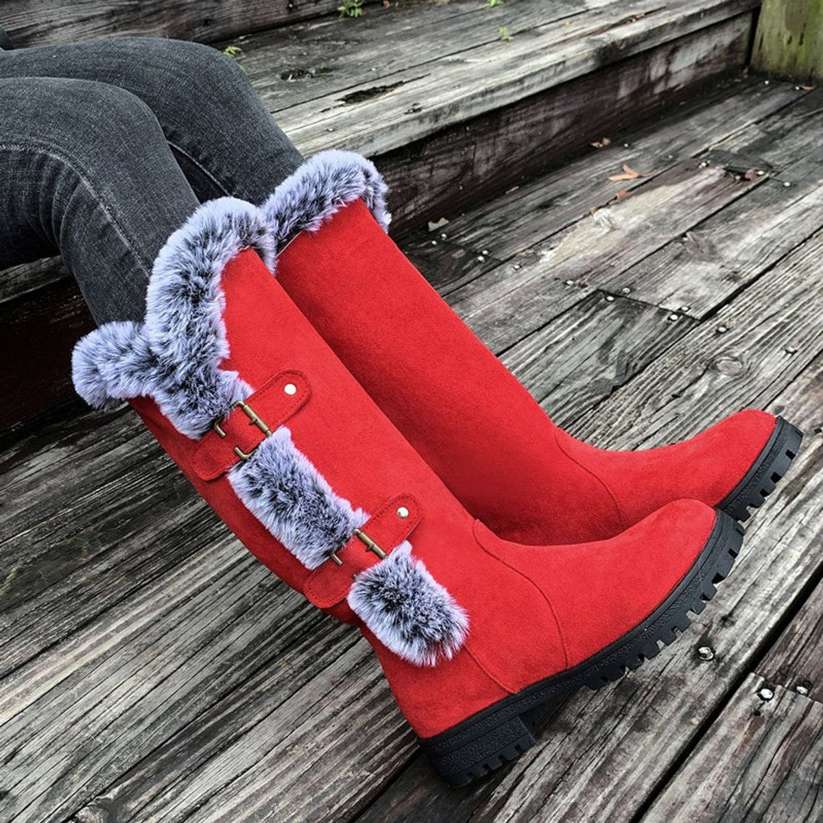 Women's Knee High Boots | Fur Trim & Buckle Straps