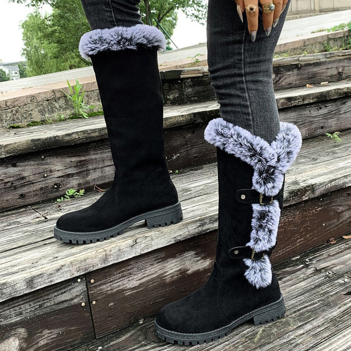 Women's Knee High Boots | Fur Trim & Buckle Straps