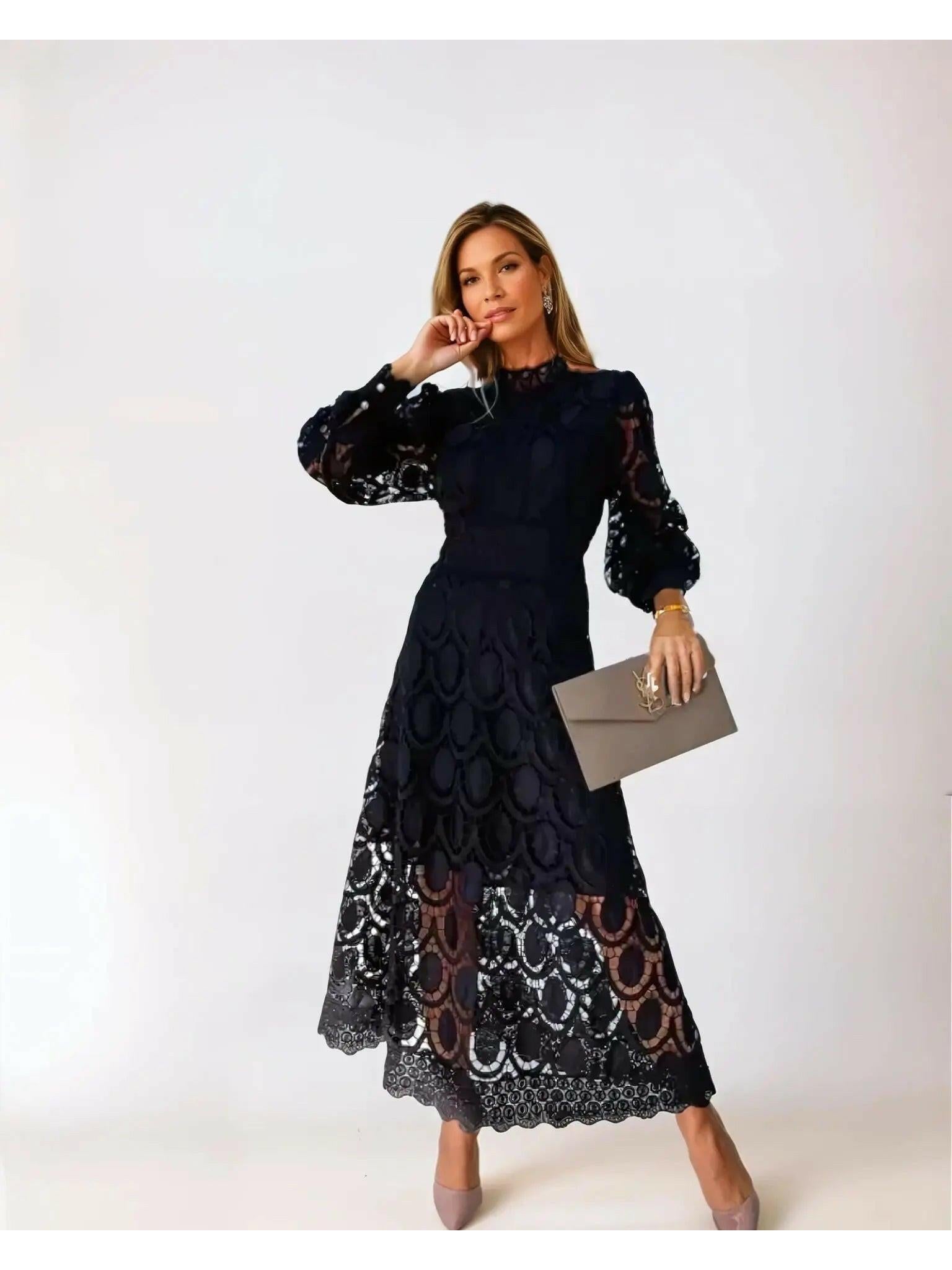 Women's Lace Maxi Dress | High Neck & Elegant Long Sleeve