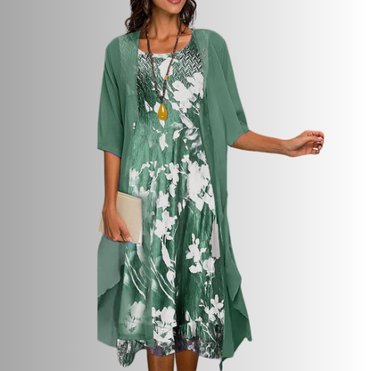 Women's Layered Midi Dress | Two-Piece Look & Elegant Floral Design