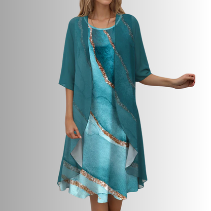 Women's Layered Midi Dress | Two-Piece Look & Elegant Floral Design