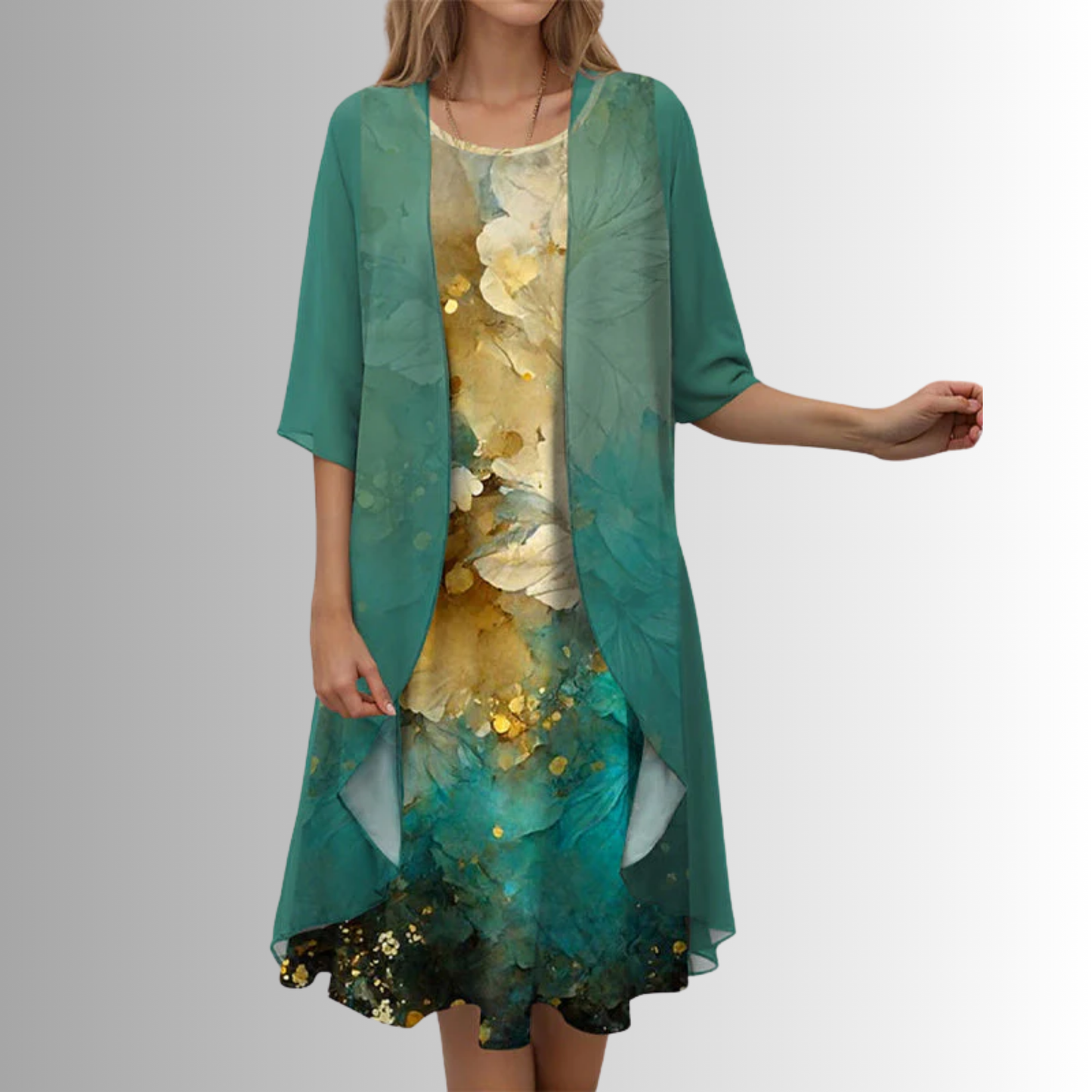 Women's Layered Midi Dress | Two-Piece Look & Elegant Floral Design