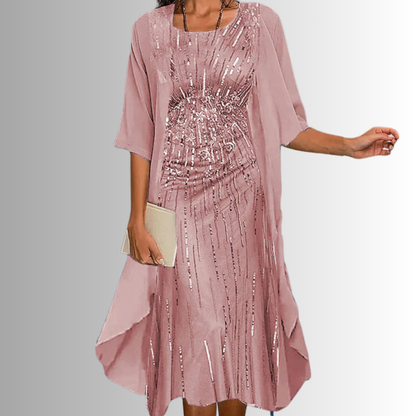 Women's Layered Midi Dress | Two-Piece Look & Elegant Floral Design