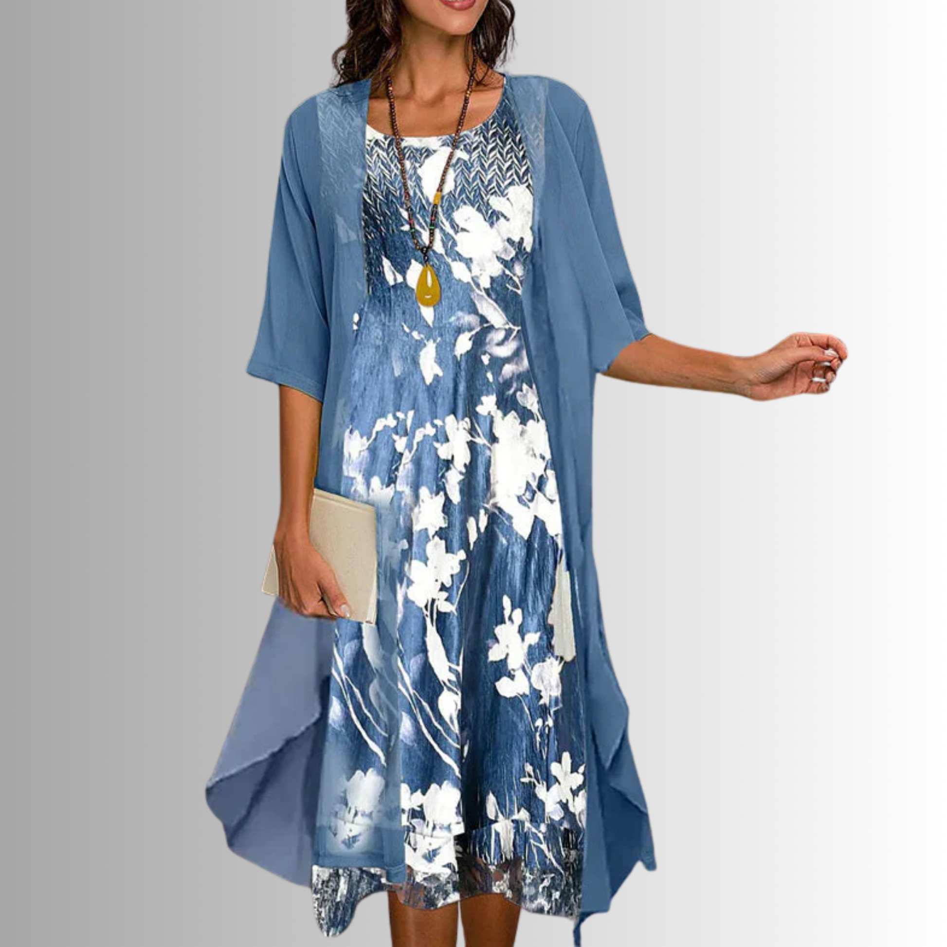 Women's Layered Midi Dress | Two-Piece Look & Elegant Floral Design