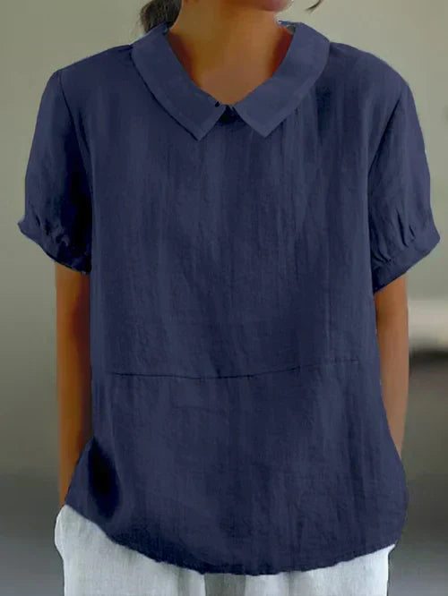 Women’s Linen Short Sleeve Blouse with Peter Pan Collar for Everyday Wear