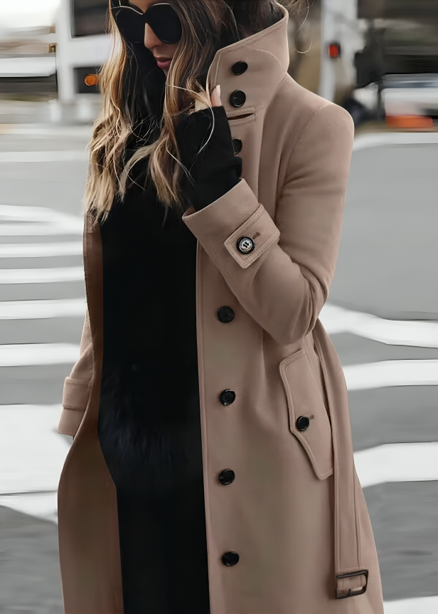 Women's Long Coat | High Collar & Tie-Belt Design