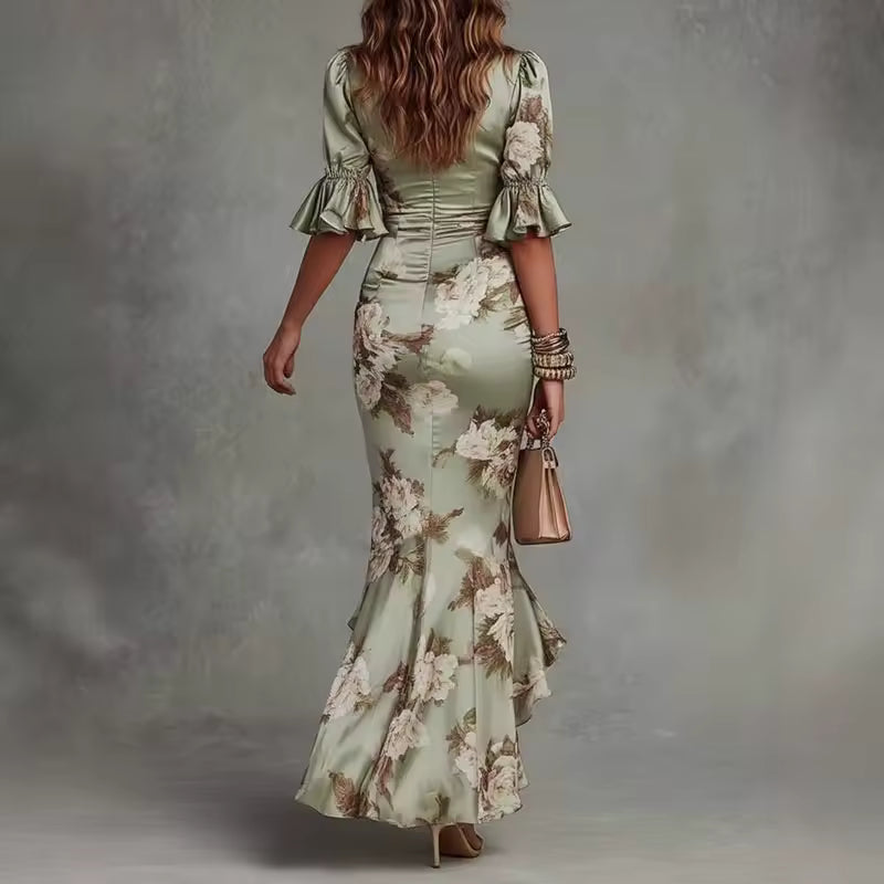 Women's Long Dress | Floral V-Neck & Ruffle Maxi