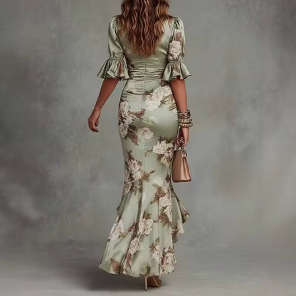Women's Long Dress | Floral V-Neck & Ruffle Maxi