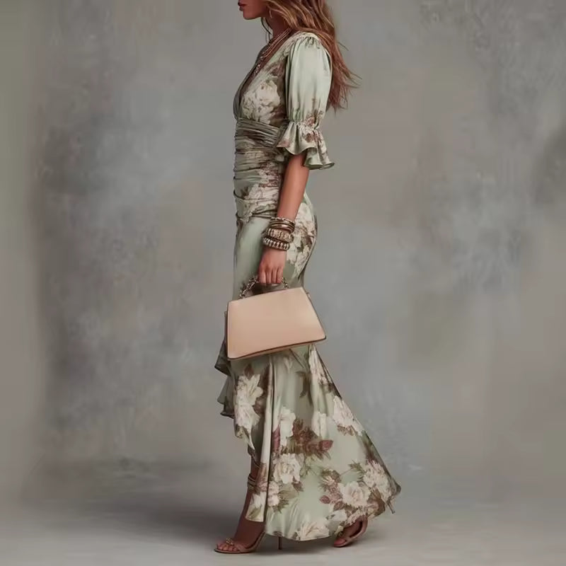 Women's Long Dress | Floral V-Neck & Ruffle Maxi