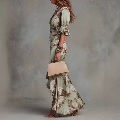 Women's Long Dress | Floral V-Neck & Ruffle Maxi