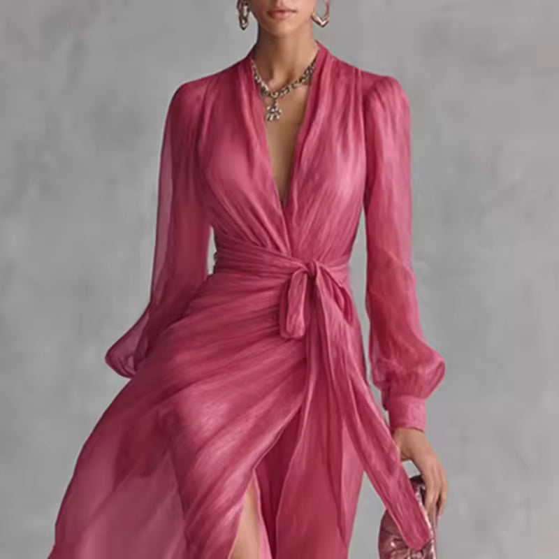 Women's Long Dress | Flowy V-Neck Belted Maxi & Front Slit