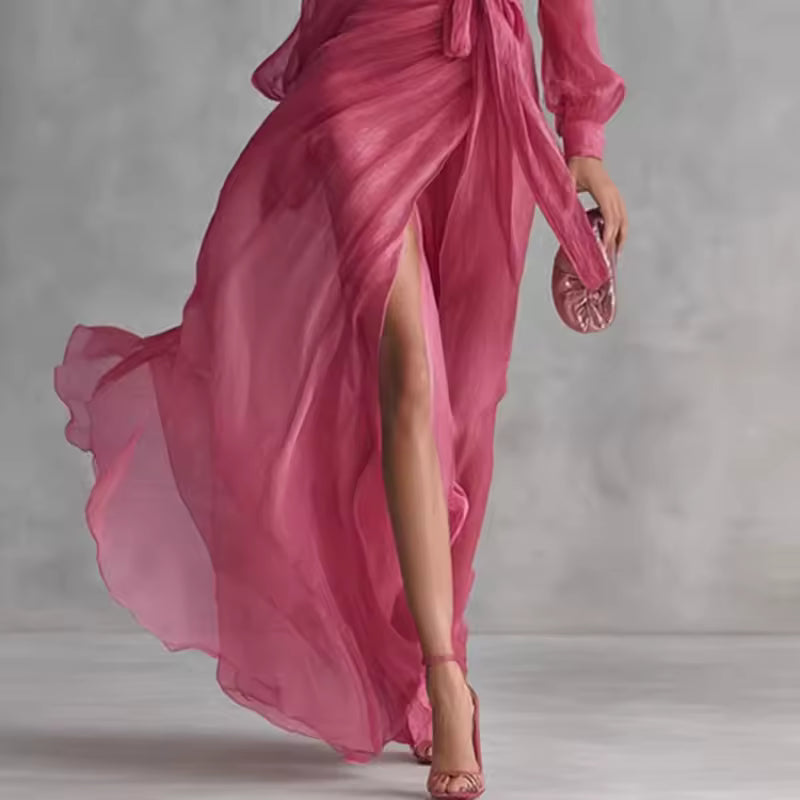 Women's Long Dress | Flowy V-Neck Belted Maxi & Front Slit