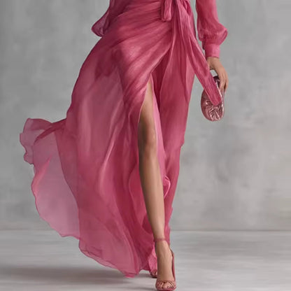 Women's Long Dress | Flowy V-Neck Belted Maxi & Front Slit