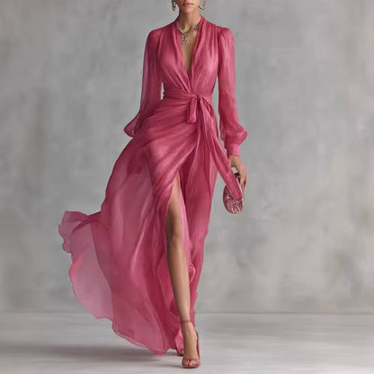 Women's Long Dress | Flowy V-Neck Belted Maxi & Front Slit