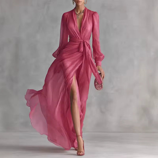 Women's Long Dress | Flowy V-Neck Belted Maxi & Front Slit