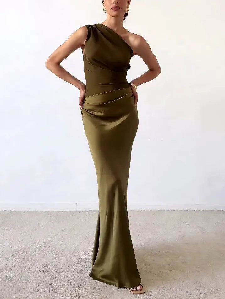 Women's Long Dress | One Shoulder Pleated Design