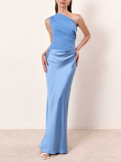 Women's Long Dress | One Shoulder Pleated Design