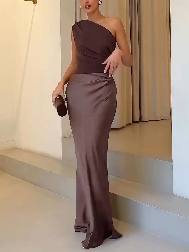 Women's Long Dress | One Shoulder Pleated Design