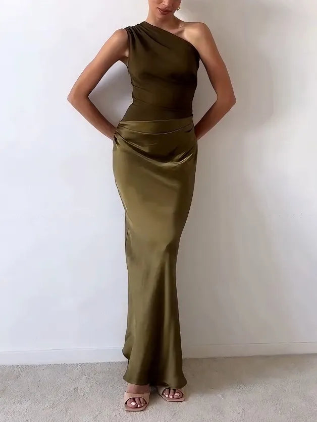 Women's Long Dress | One Shoulder Pleated Design