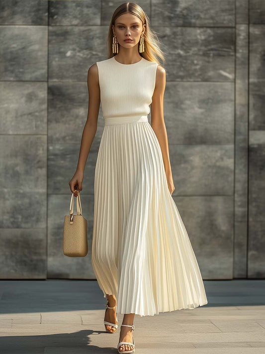 Women's Long Dress | Ribbed Knit Pleated Skirt