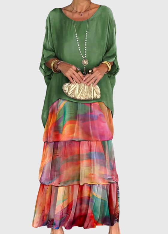 Women's Long Flowing Dress | Tiered Design & Vibrant Boho Print