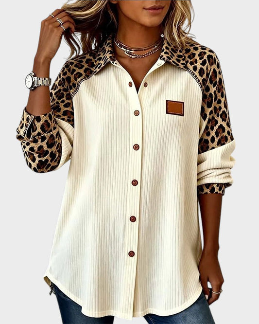 Women's Long Sleeve Blouse | Animal Print Yoke, Ribbed Body