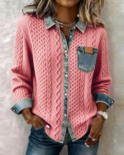 Women's Long Sleeve Blouse | Cable Texture, Contrast Trims