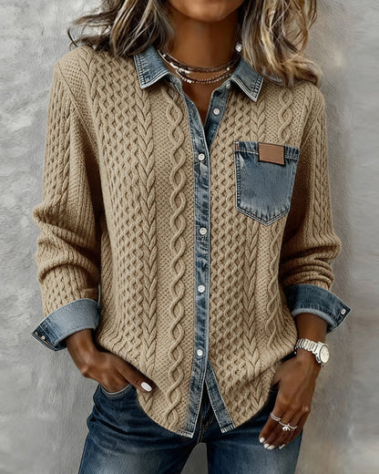 Women's Long Sleeve Blouse | Cable Texture, Contrast Trims