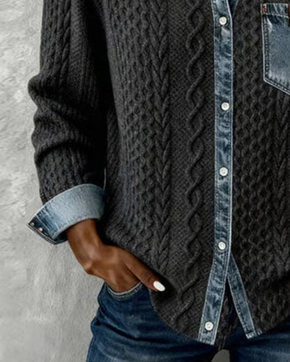 Women's Long Sleeve Blouse | Cable Texture, Contrast Trims