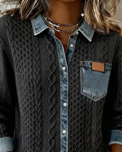 Women's Long Sleeve Blouse | Cable Texture, Contrast Trims