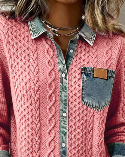 Women's Long Sleeve Blouse | Cable Texture, Contrast Trims