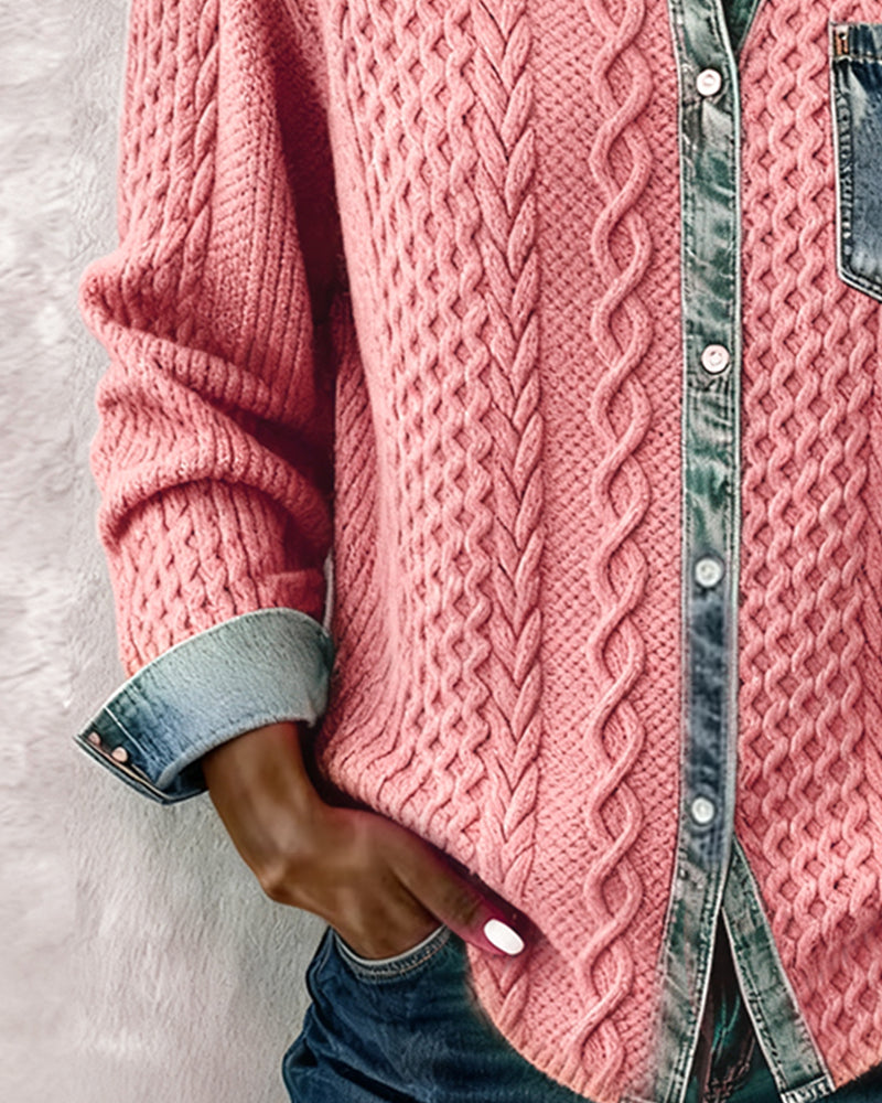 Women's Long Sleeve Blouse | Cable Texture, Contrast Trims