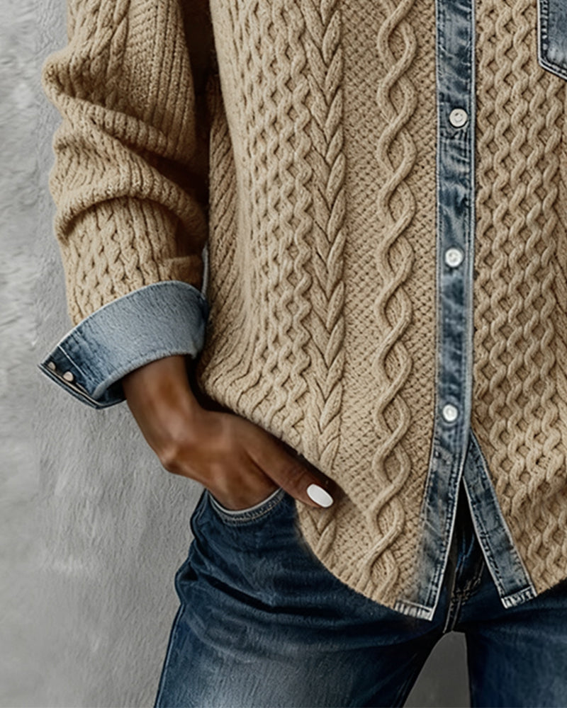 Women's Long Sleeve Blouse | Cable Texture, Contrast Trims
