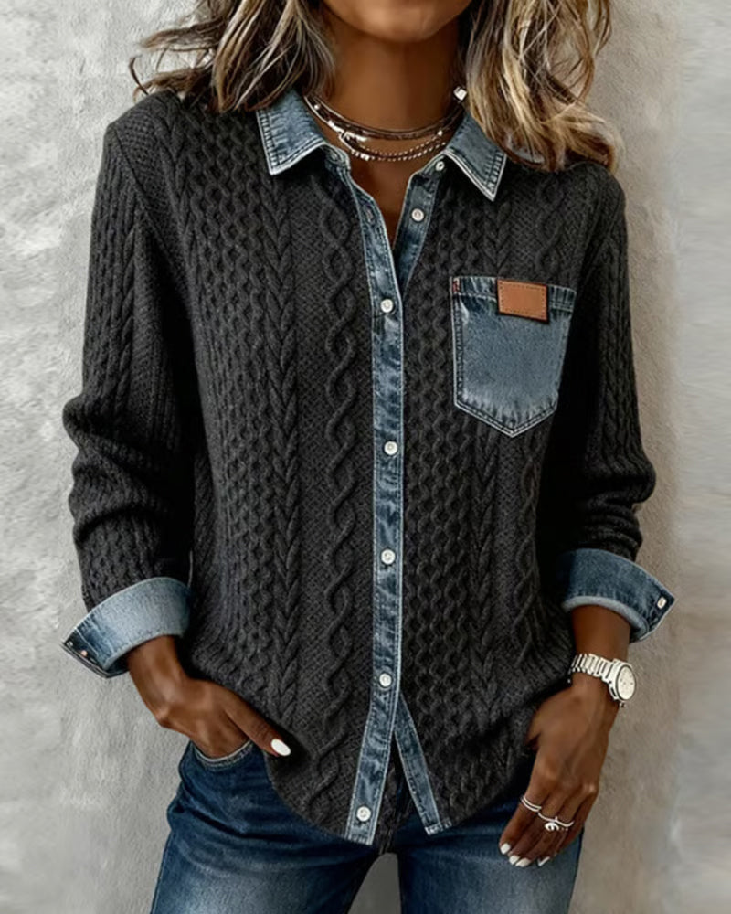 Women's Long Sleeve Blouse | Cable Texture, Contrast Trims