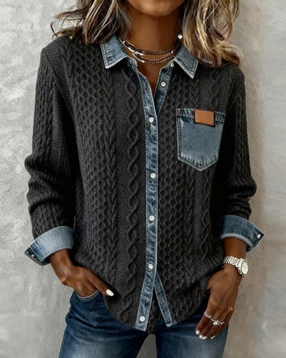 Women's Long Sleeve Blouse | Cable Texture, Contrast Trims